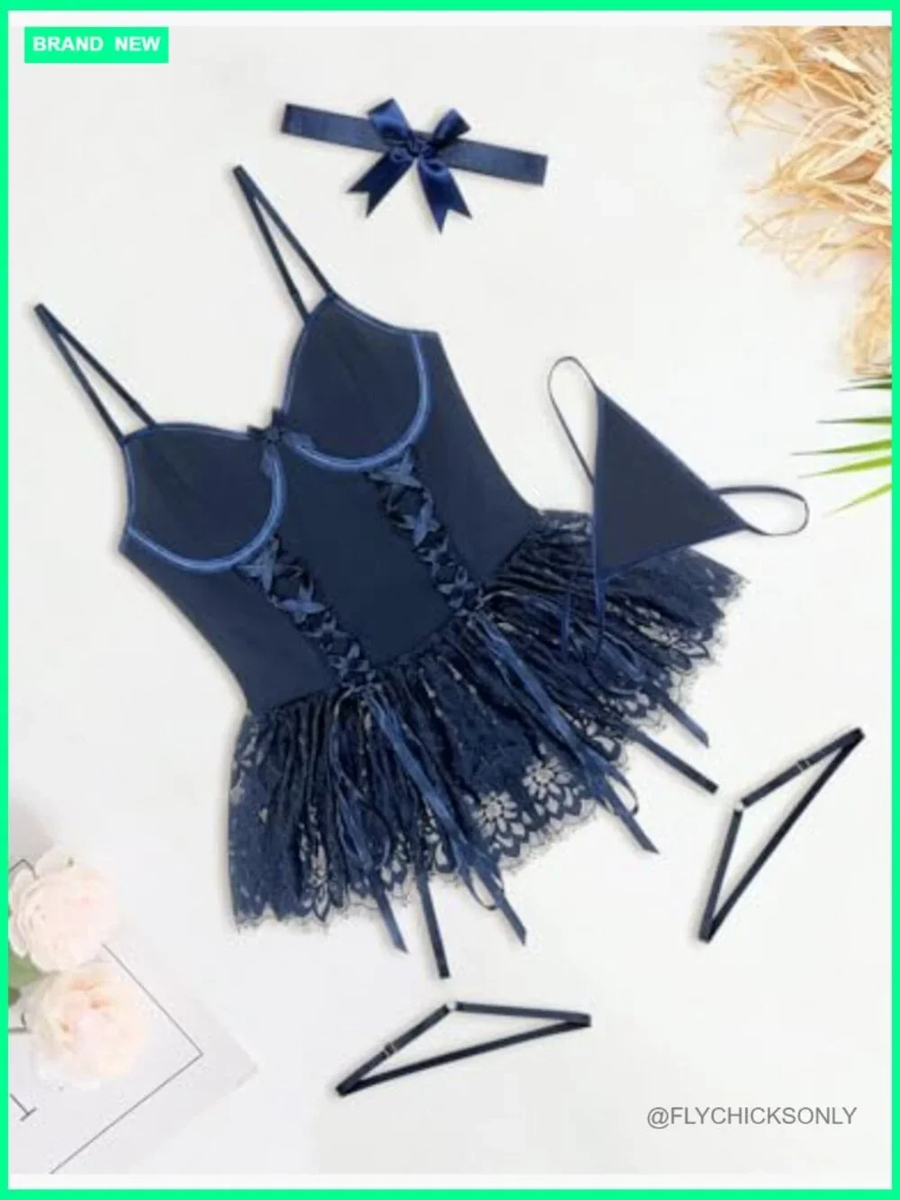4-Piece Sexy Lace Up Corset Bodysuit Lingerie Set with Garter Belt and Bow Tie